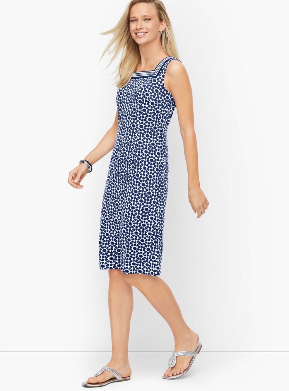 Talbots Blue White Jersey Shift Midi Dress Womens S Petite Star Geo Casual